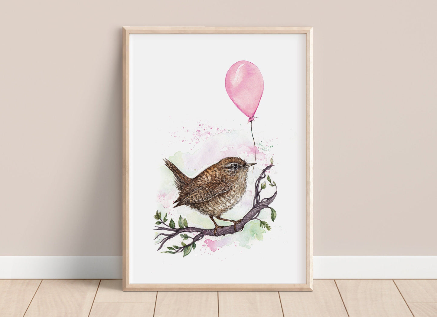 Watercolour Rue the Wren Print, Balloon Cute Watercolour Illustrated Bird, Kids Nursery Artwork, Giclee Fine Art Print A4 A5 - Pink or Blue
