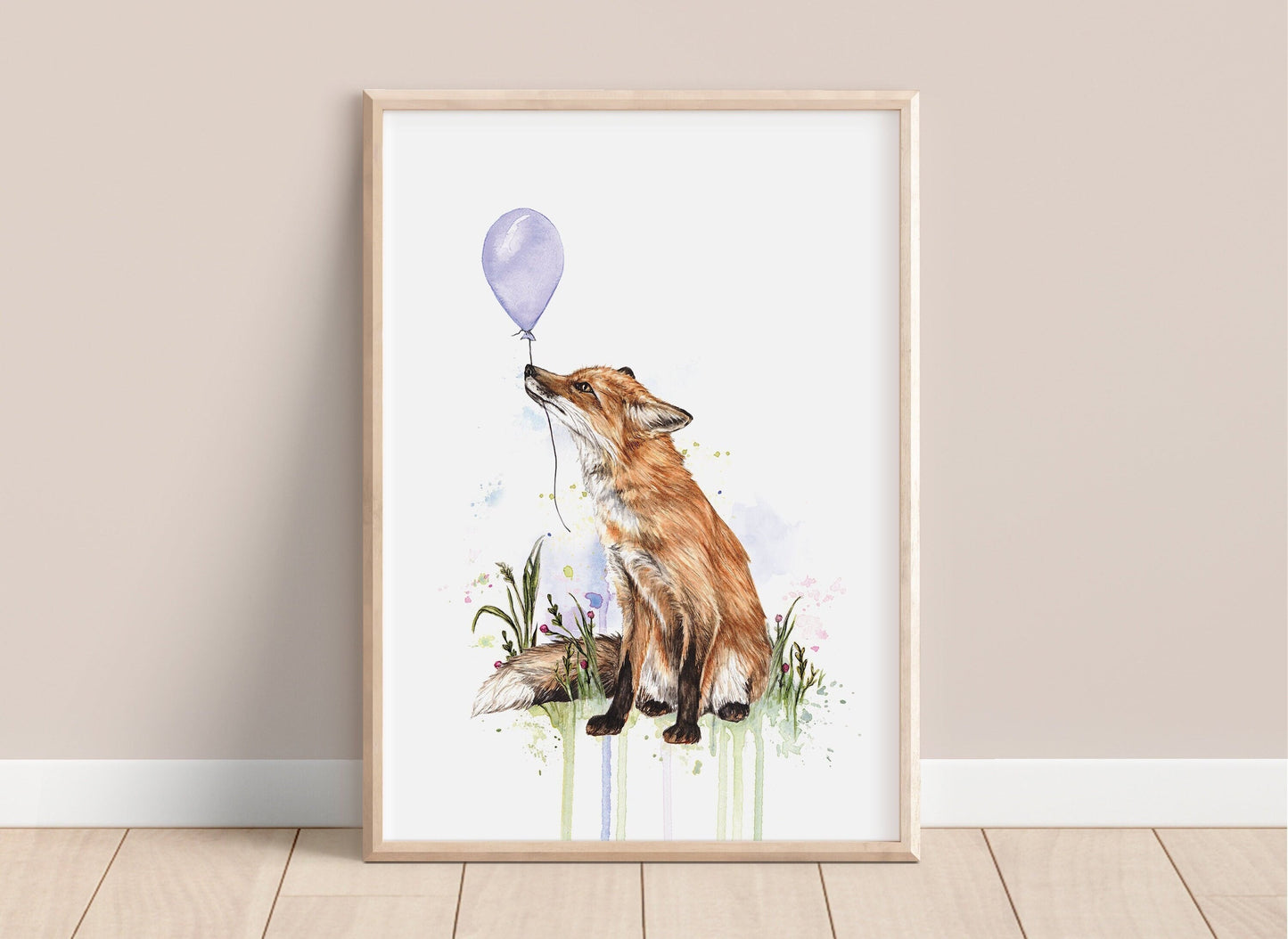 Watercolour Fox with Balloon Print, Cute Watercolour Illustrated Animal, Kids Nursery Artwork, Giclee Fine Art Print A4 A5 - Fern the Fox