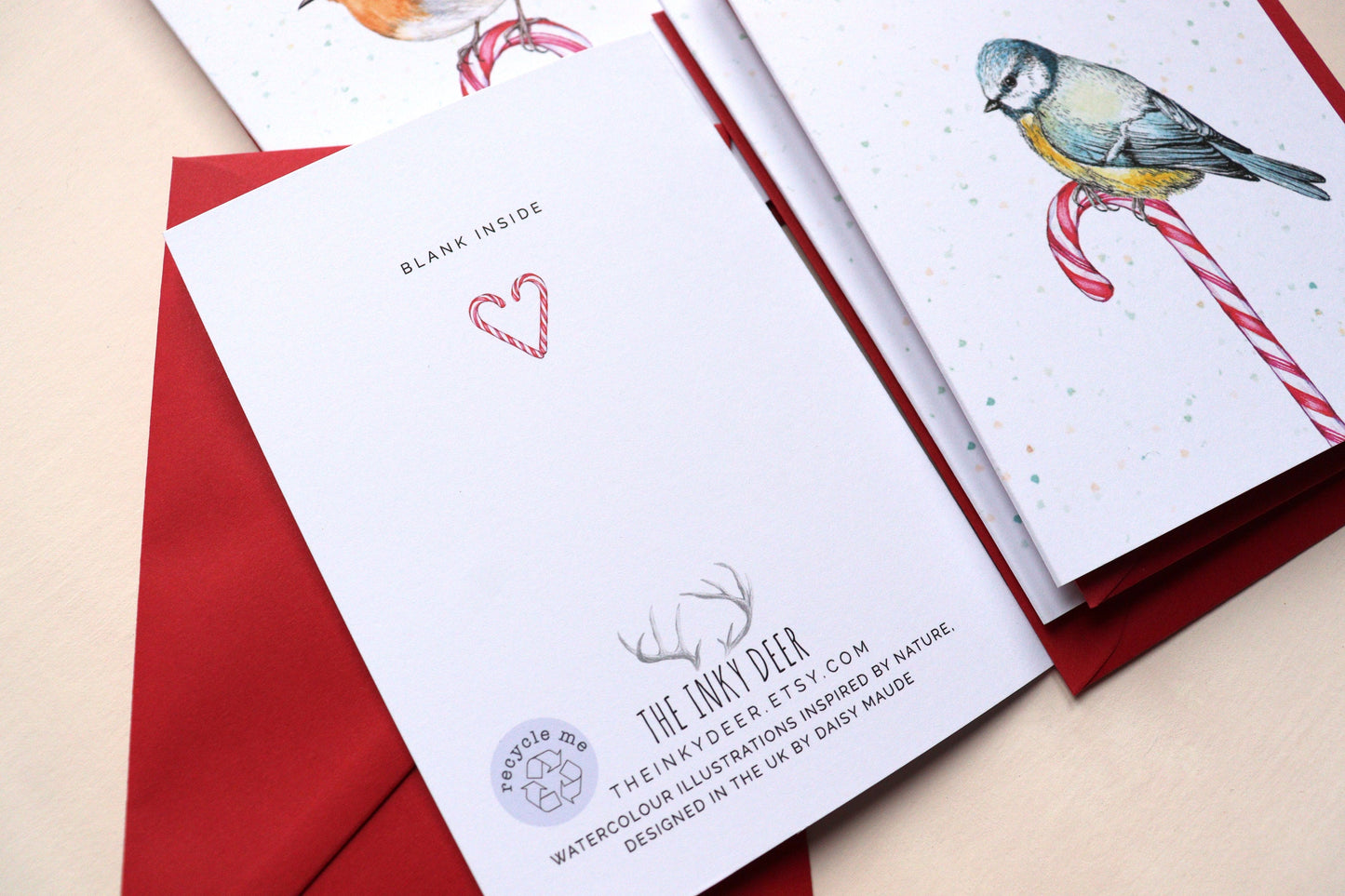 Candy Cane Robin Christmas Card, Watercolour Bird Festive Greetings Card A6