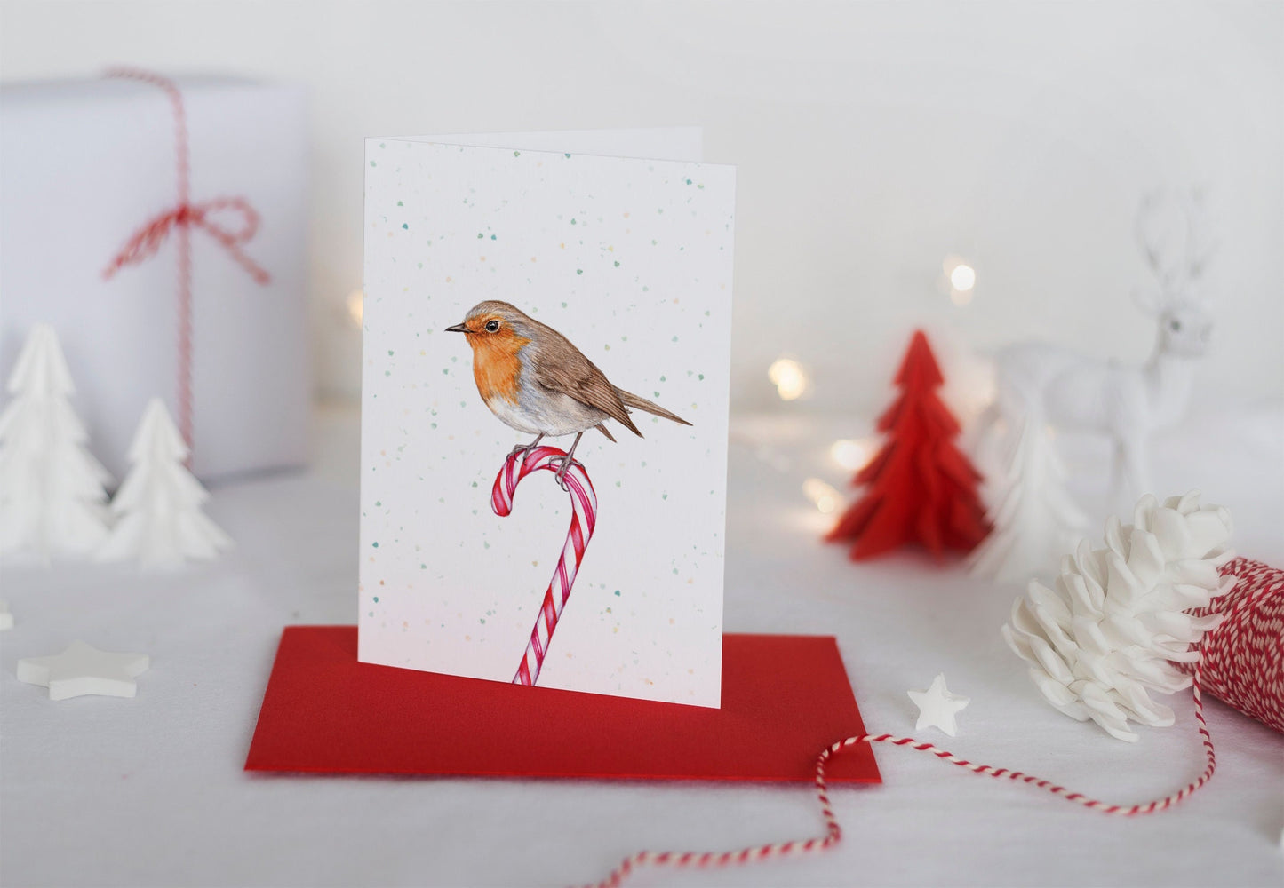 Candy Cane Robin Christmas Card, Watercolour Bird Festive Greetings Card A6