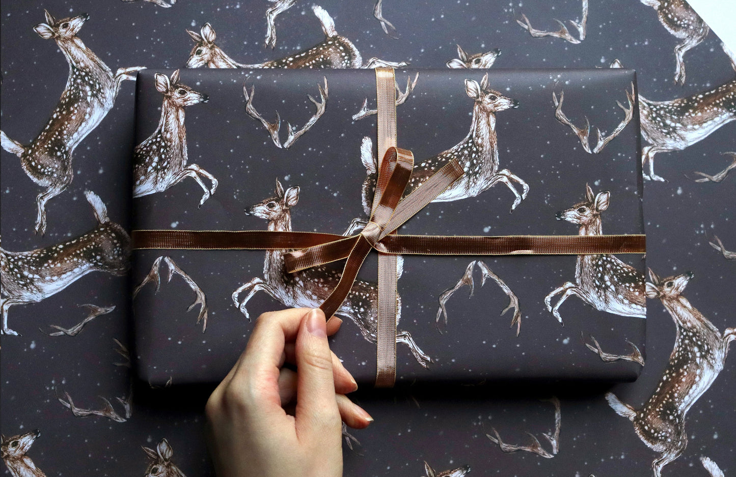 Christmas Deer Wrapping Paper, Snowy Deer Antlers Pattern, Leaping Deer Gift Wrap Sheets