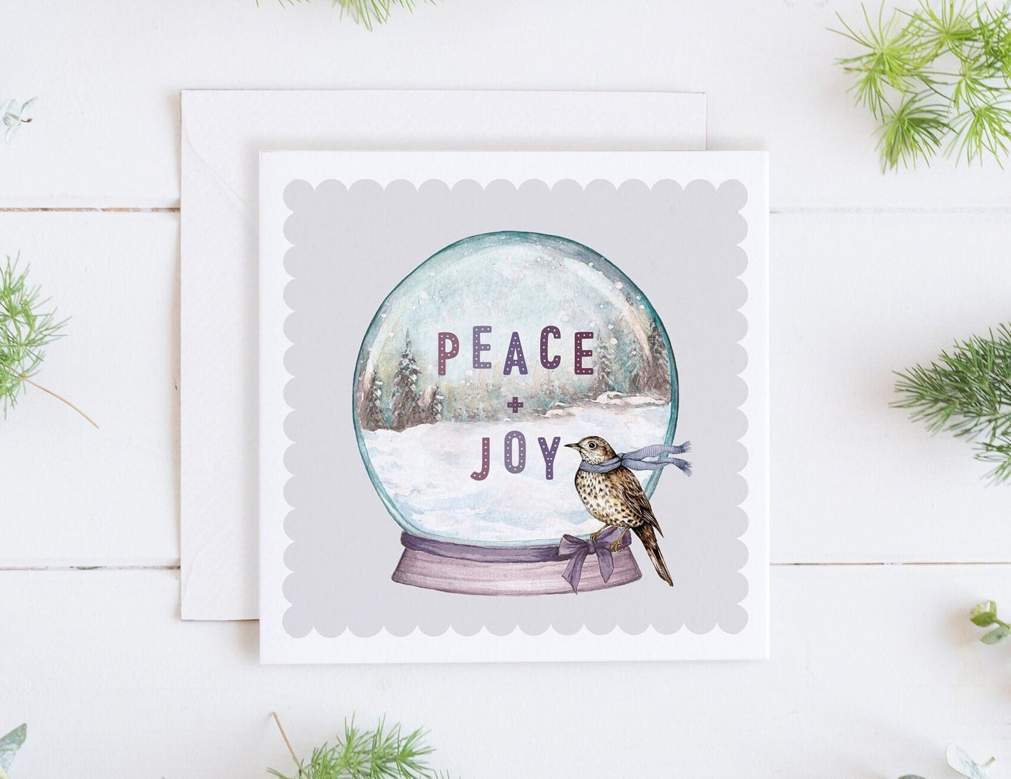 Peace and Joy Snow Globe Christmas Card, Watercolour Song Thrush Greetings Card