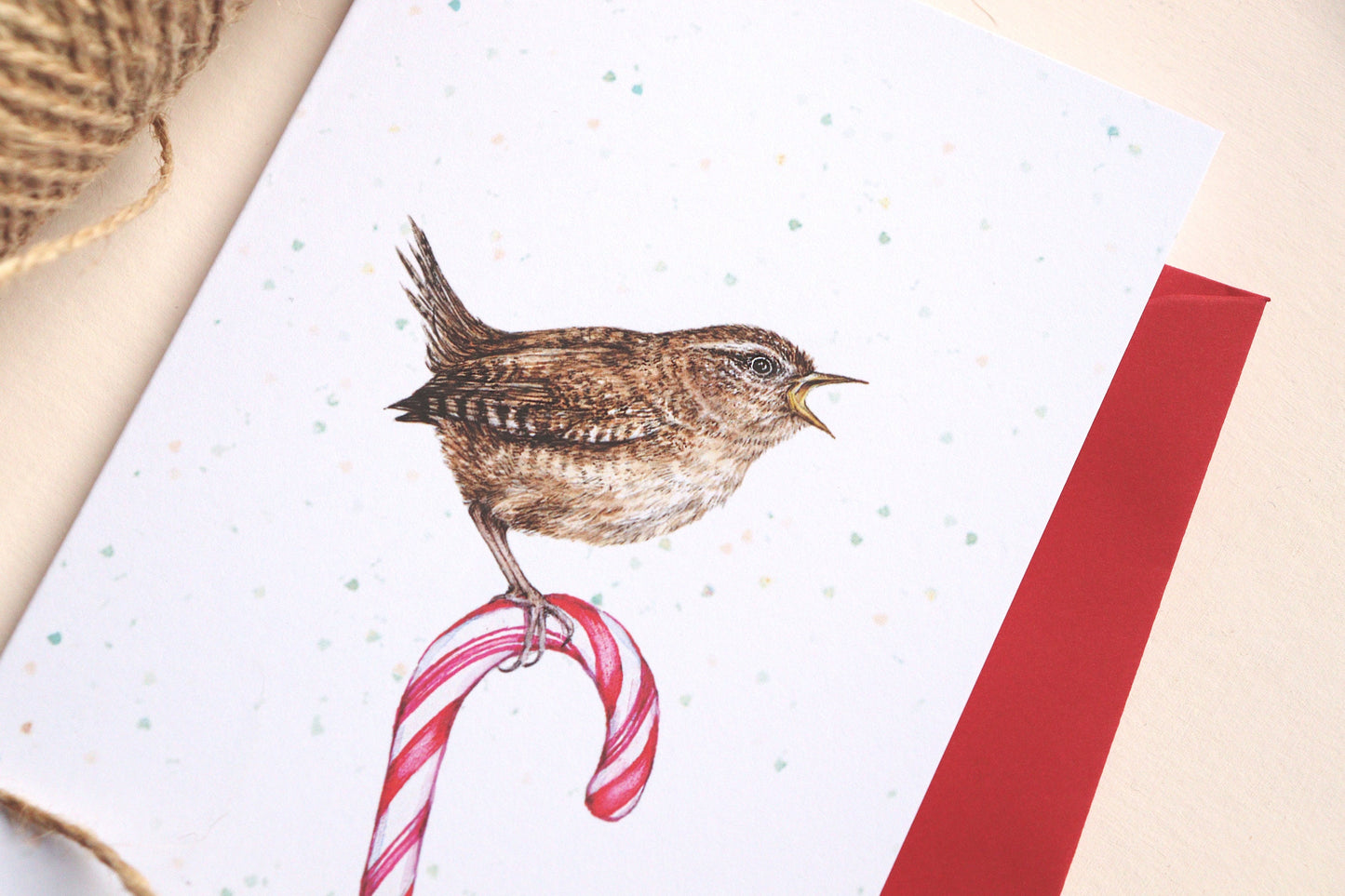 Candy Cane Wren Christmas Card, Watercolour Bird Festive Greetings Card A6