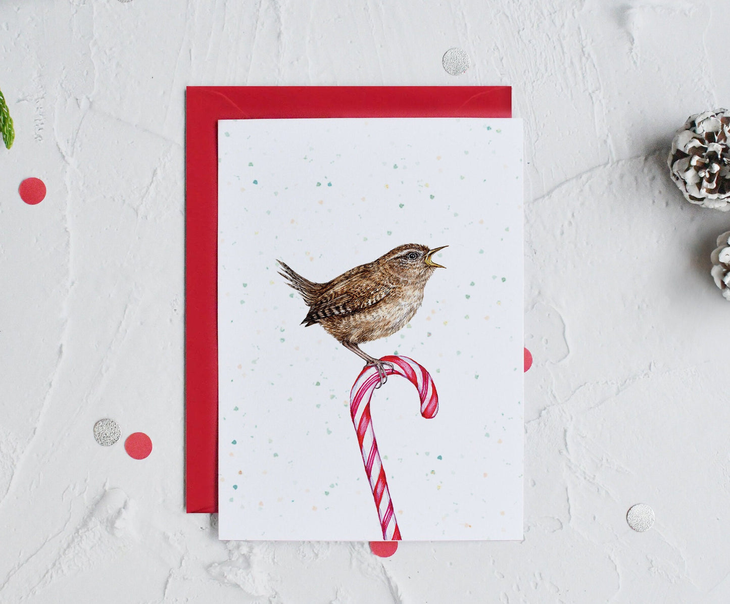 Candy Cane Wren Christmas Card, Watercolour Bird Festive Greetings Card A6