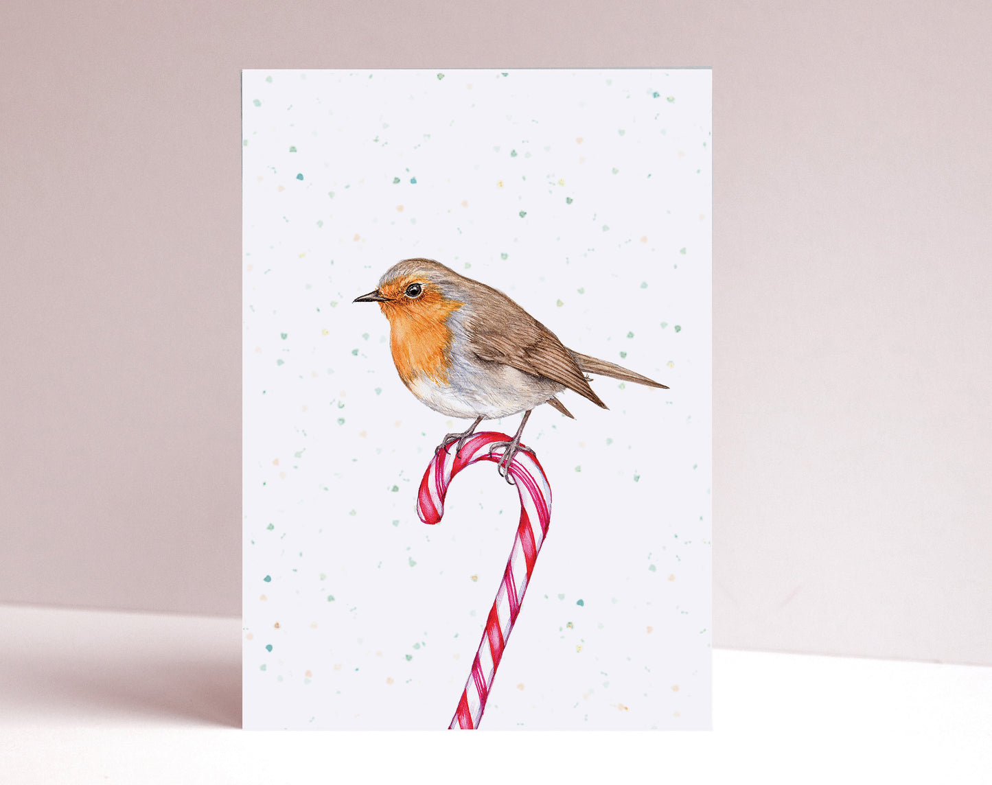 Candy Cane Robin Christmas Card, Watercolour Bird Festive Greetings Card A6