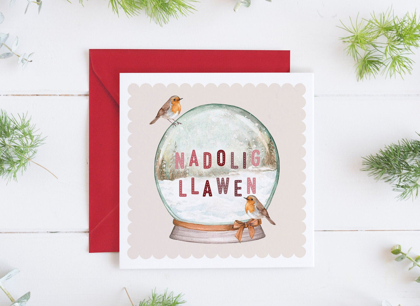 Welsh Merry Christmas Snow Globe Christmas Card, Watercolour Robin Friend Sister Greetings Card