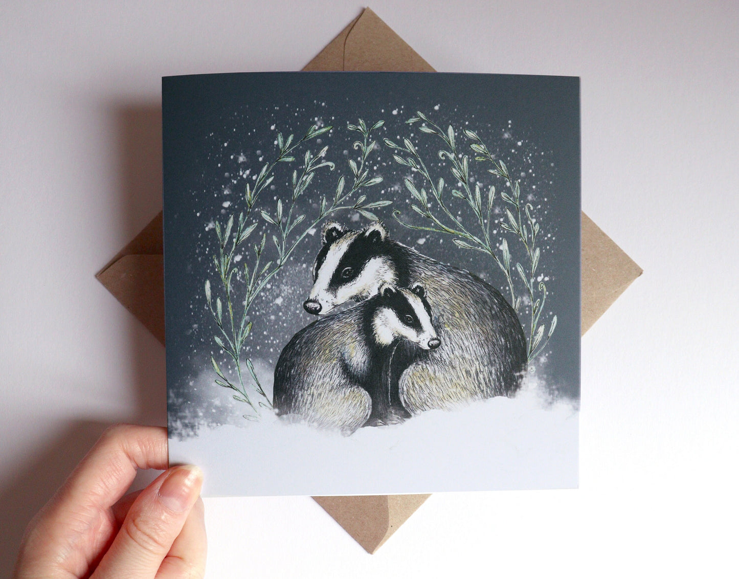 Cosy Badgers Christmas Card, Snowy Illustrated Watercolour Couple Personalised Greetings Card
