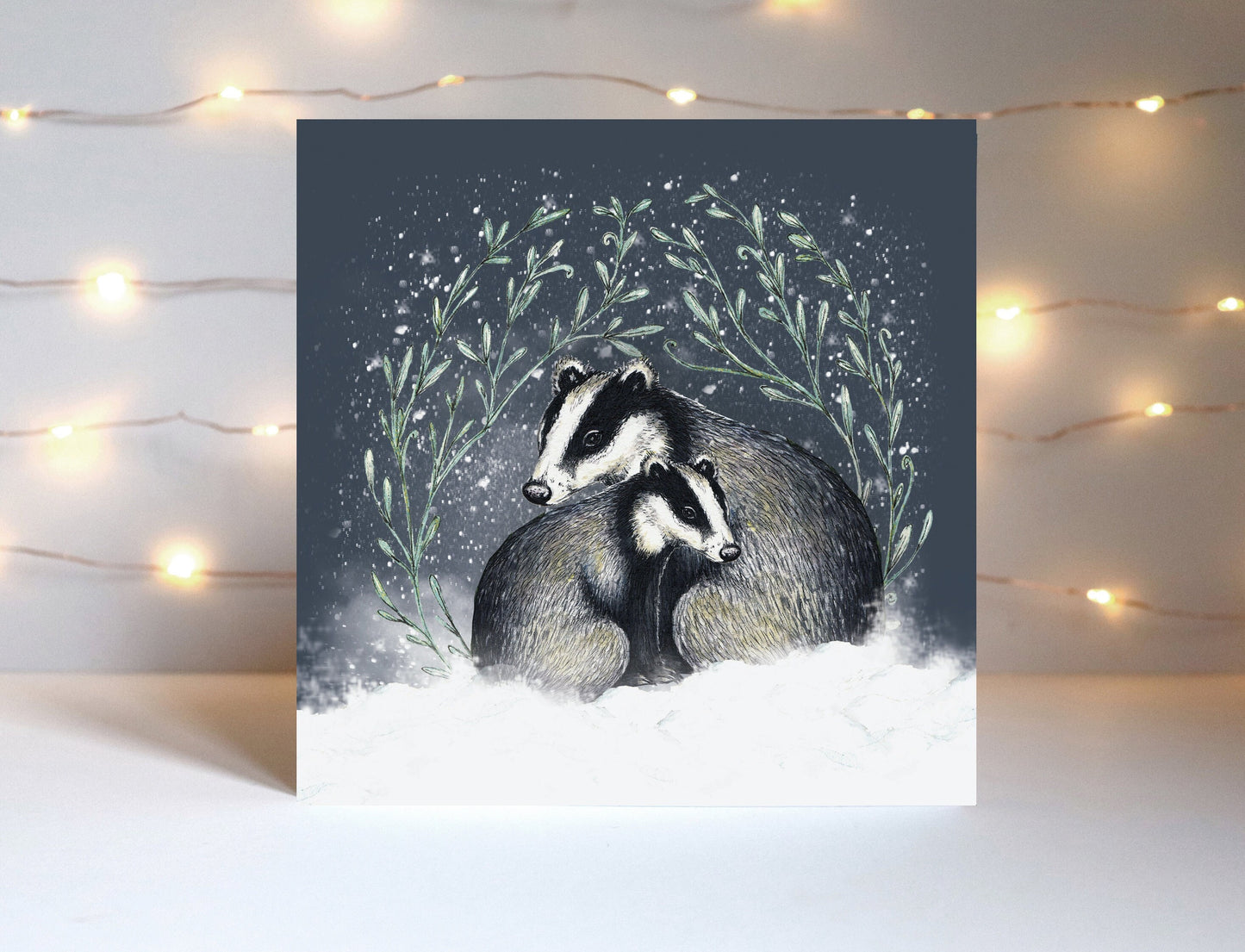 Cosy Badgers Christmas Card, Snowy Illustrated Watercolour Couple Personalised Greetings Card