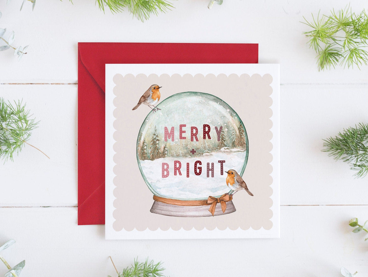 Merry and Bright Snow Globe Christmas Card, Watercolour Robin Friend Sister Greetings Card