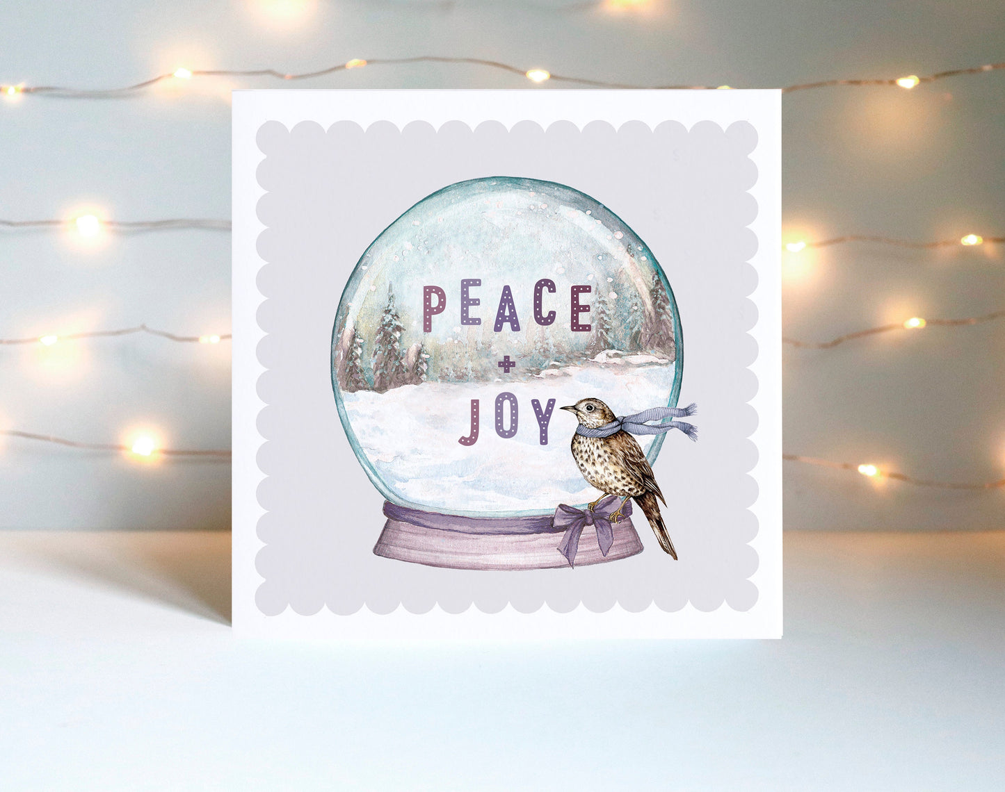 Peace and Joy Snow Globe Christmas Card, Watercolour Song Thrush Greetings Card