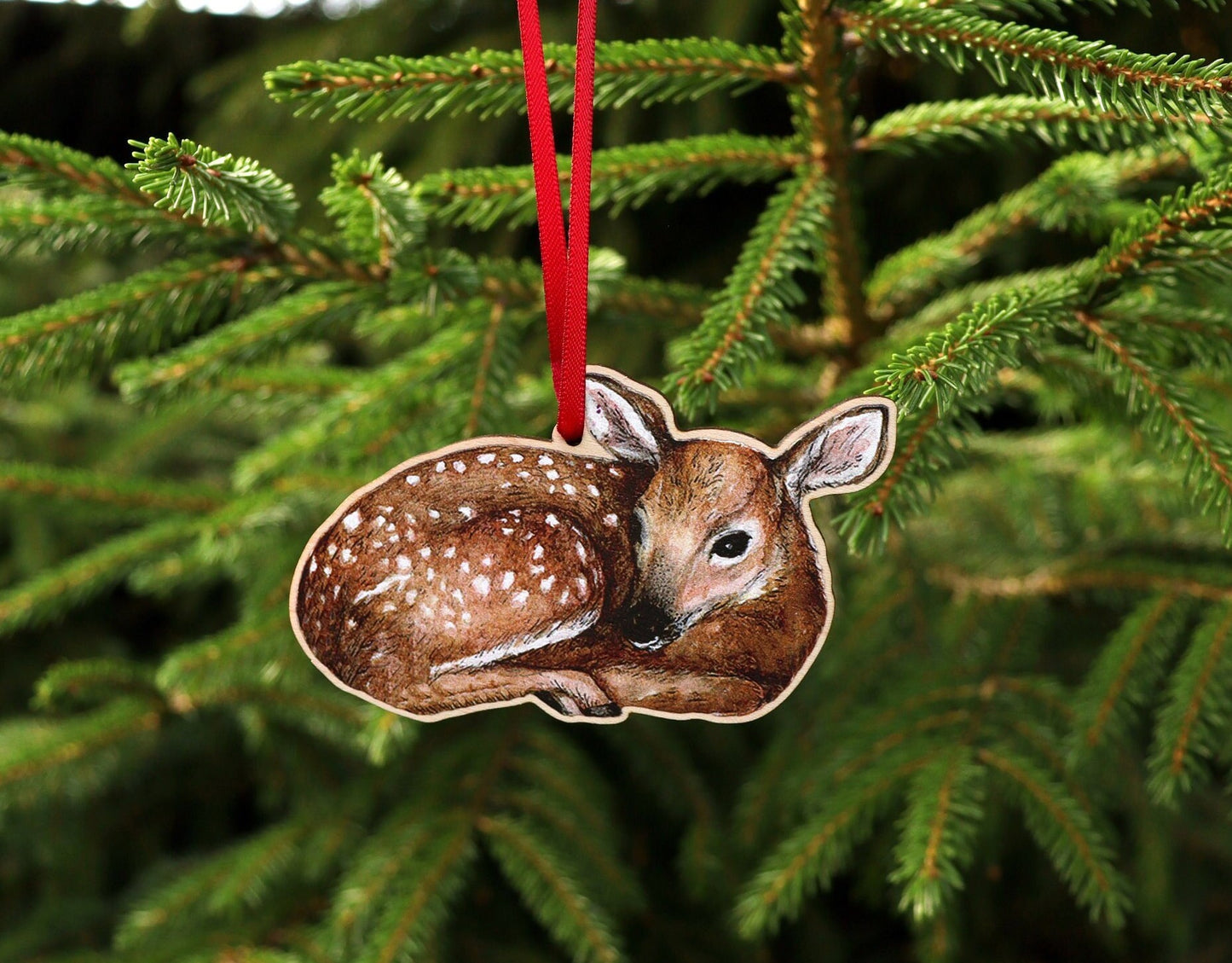 Little Wooden Deer Christmas Tree Decoration, Illustrated Woodland Fawn Ornament Keepsake