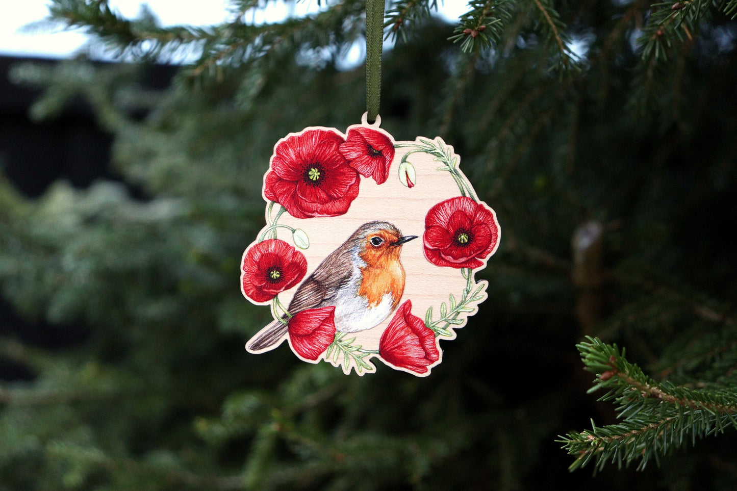 Robin Wooden Christmas Tree Decoration, Illustrated Red Poppy Ornament Keepsake