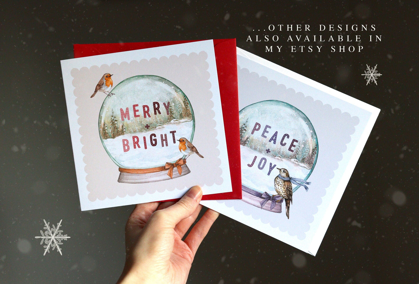 Peace and Joy Snow Globe Christmas Card, Watercolour Song Thrush Greetings Card