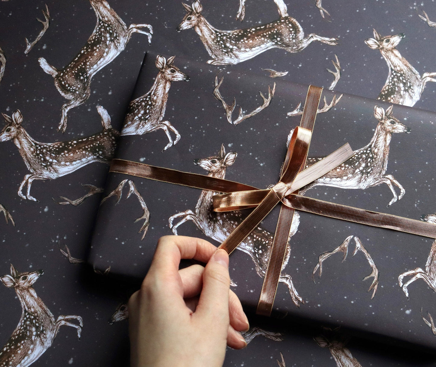 Christmas Deer Wrapping Paper, Snowy Deer Antlers Pattern, Leaping Deer Gift Wrap Sheets