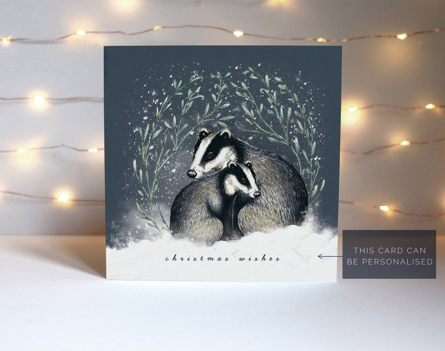 Cosy Badgers Christmas Card, Snowy Illustrated Watercolour Couple Personalised Greetings Card