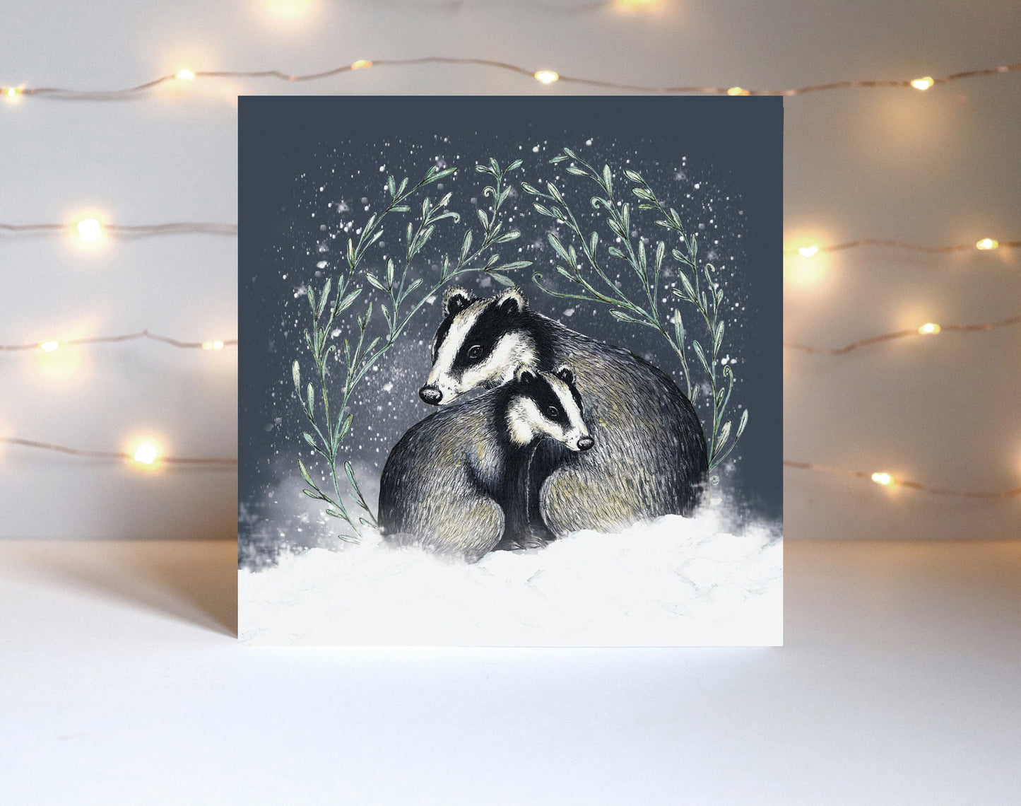 Cosy Badgers Christmas Card, Snowy Illustrated Watercolour Couple Personalised Greetings Card