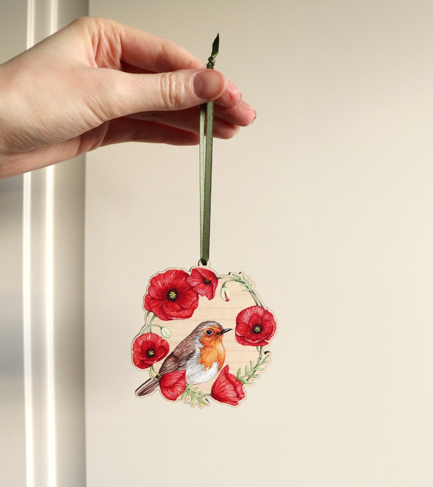 Robin Wooden Christmas Tree Decoration, Illustrated Red Poppy Ornament Keepsake