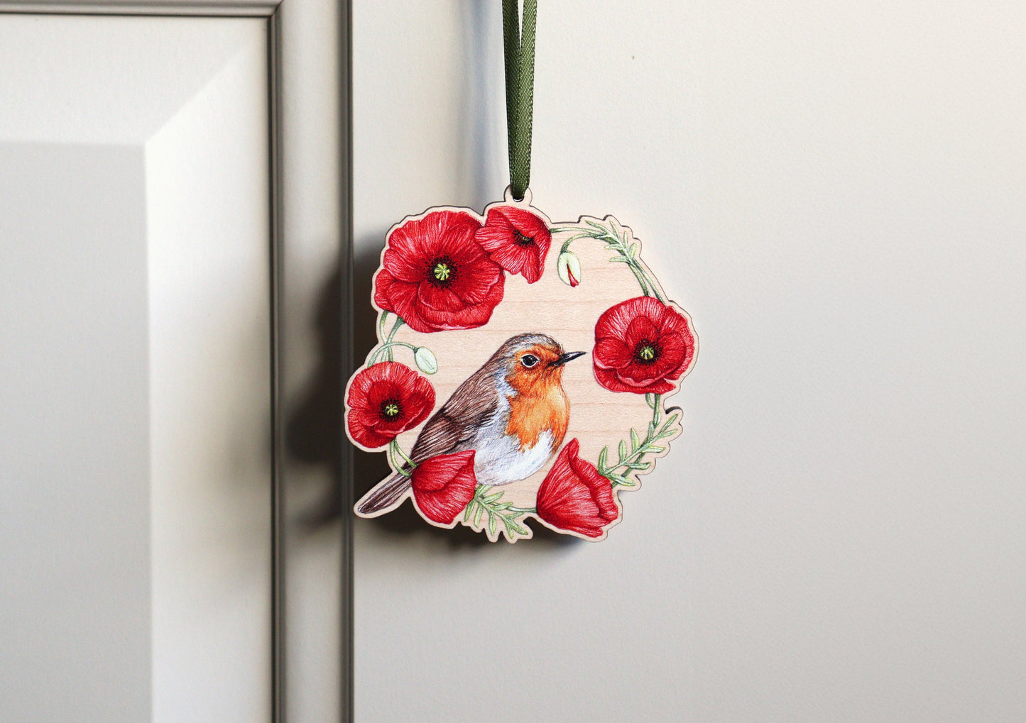 Robin Wooden Christmas Tree Decoration, Illustrated Red Poppy Ornament Keepsake