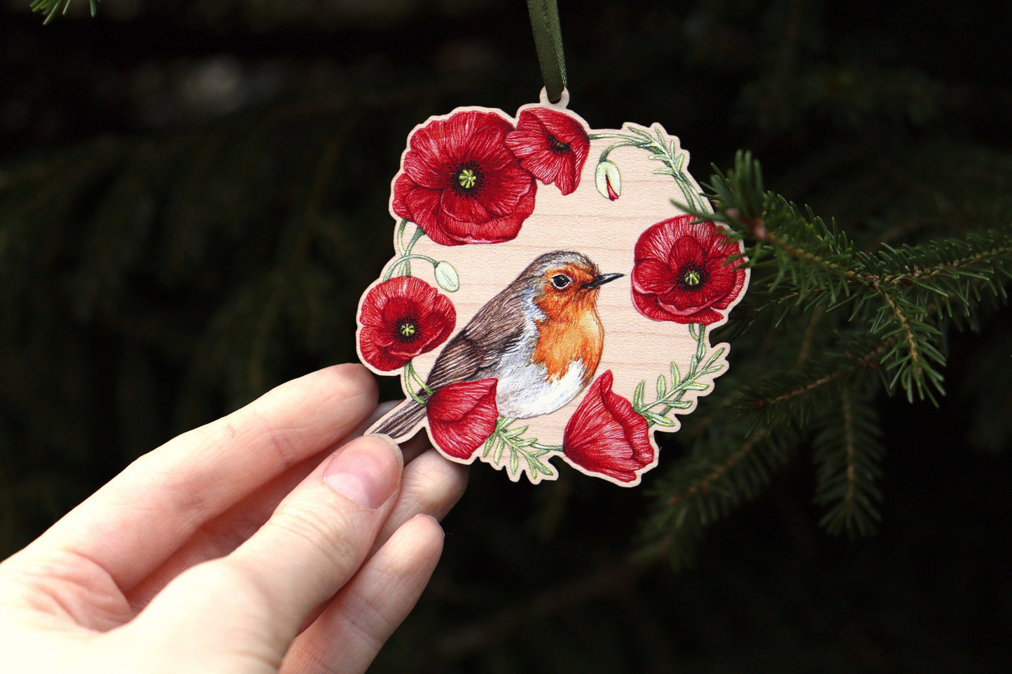 Robin Wooden Christmas Tree Decoration, Illustrated Red Poppy Ornament Keepsake