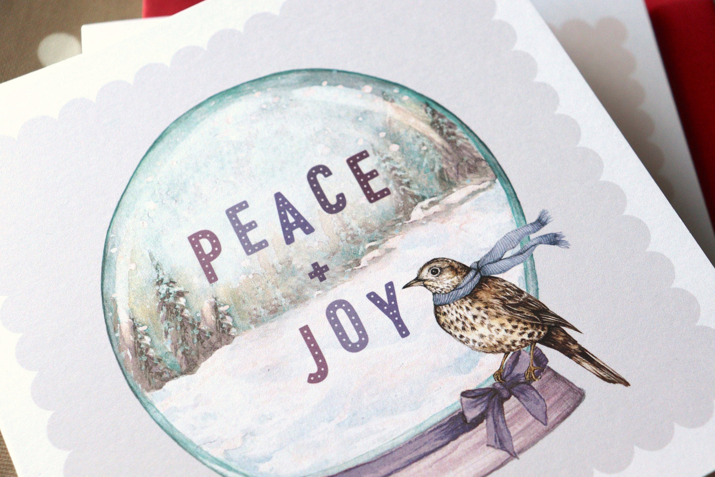 Peace and Joy Snow Globe Christmas Card, Watercolour Song Thrush Greetings Card