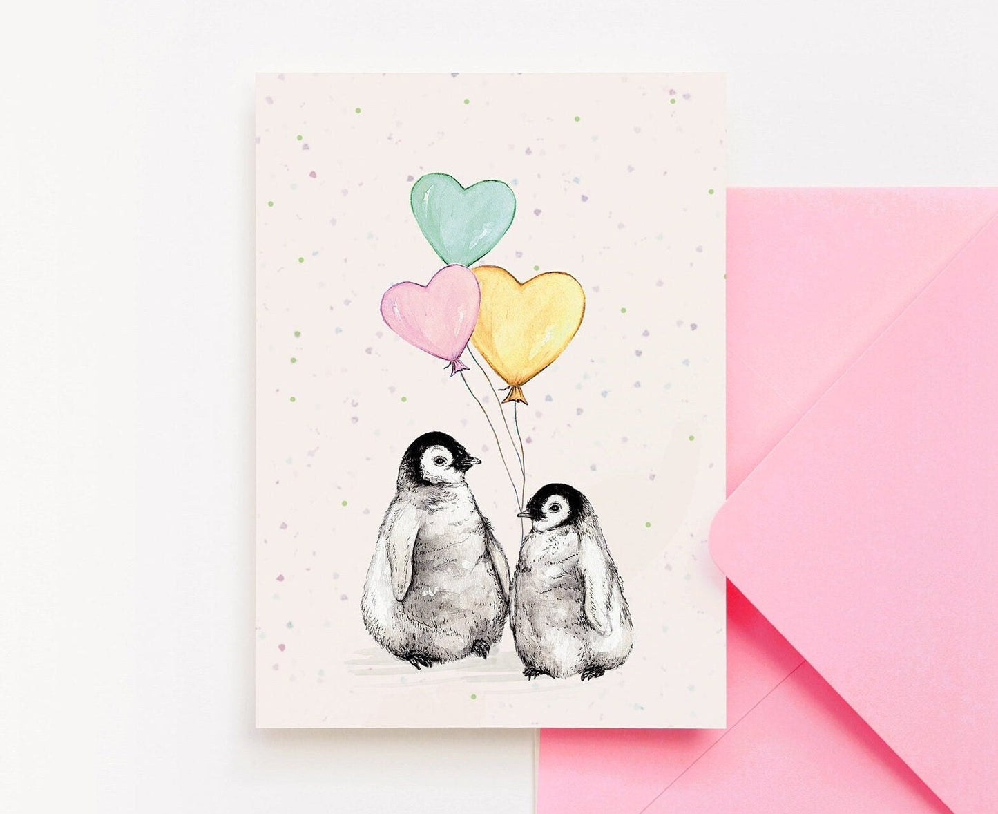 Fluffy Penguins Greetings Card, Baby Birthday Card Balloon Cute Watercolour Illustrated Bird Card A6