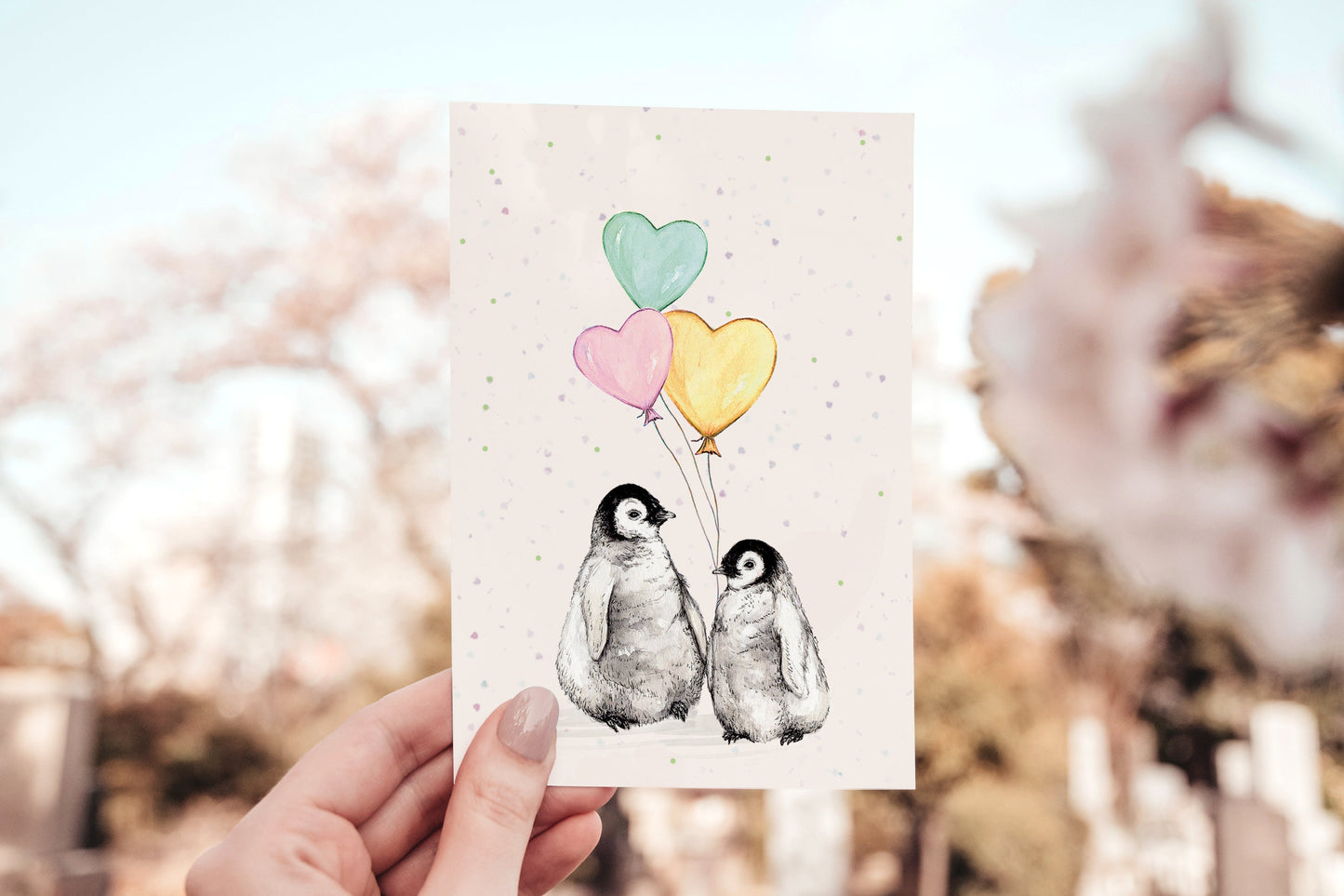 Fluffy Penguins Greetings Card, Baby Birthday Card Balloon Cute Watercolour Illustrated Bird Card A6