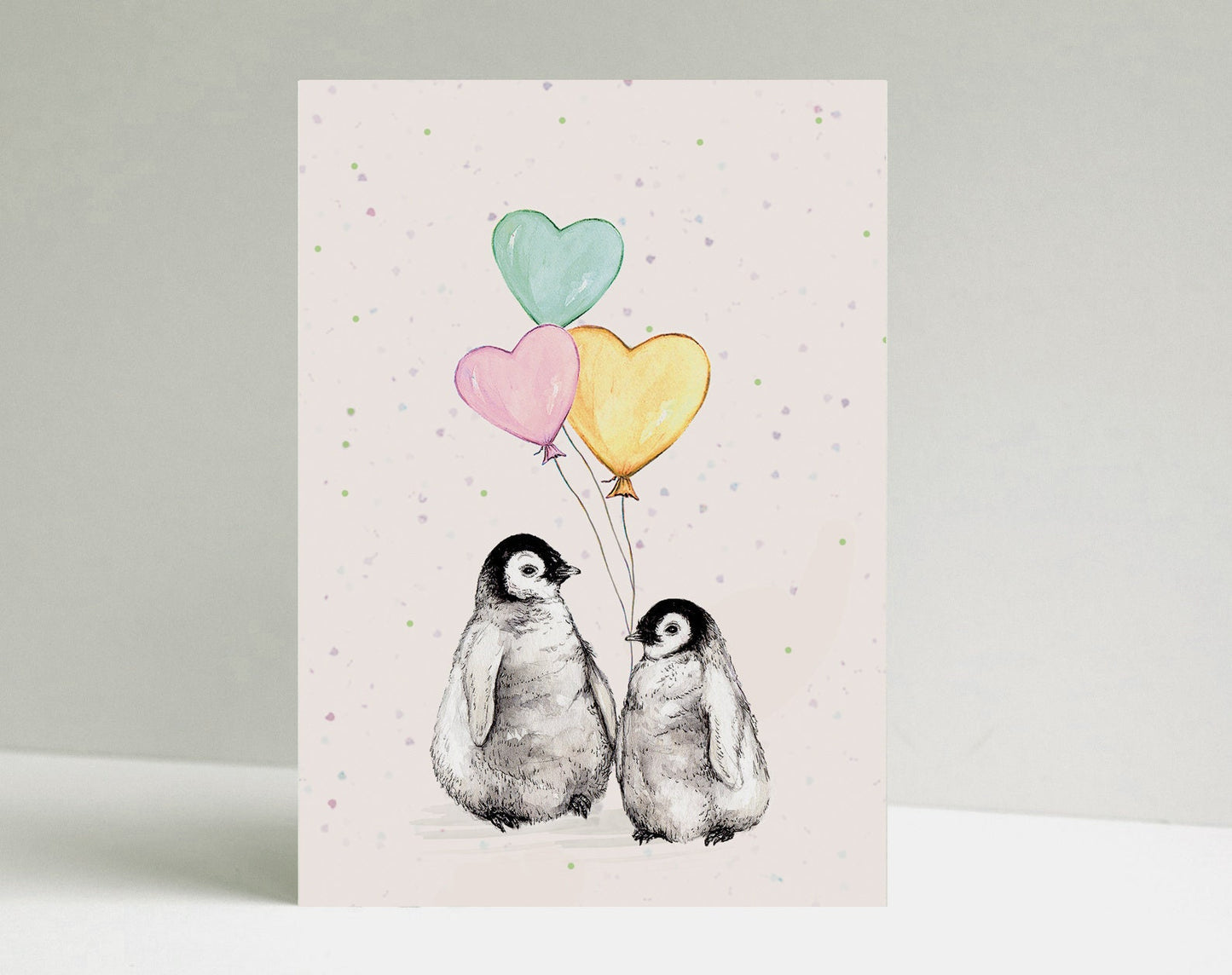 Fluffy Penguins Greetings Card, Baby Birthday Card Balloon Cute Watercolour Illustrated Bird Card A6