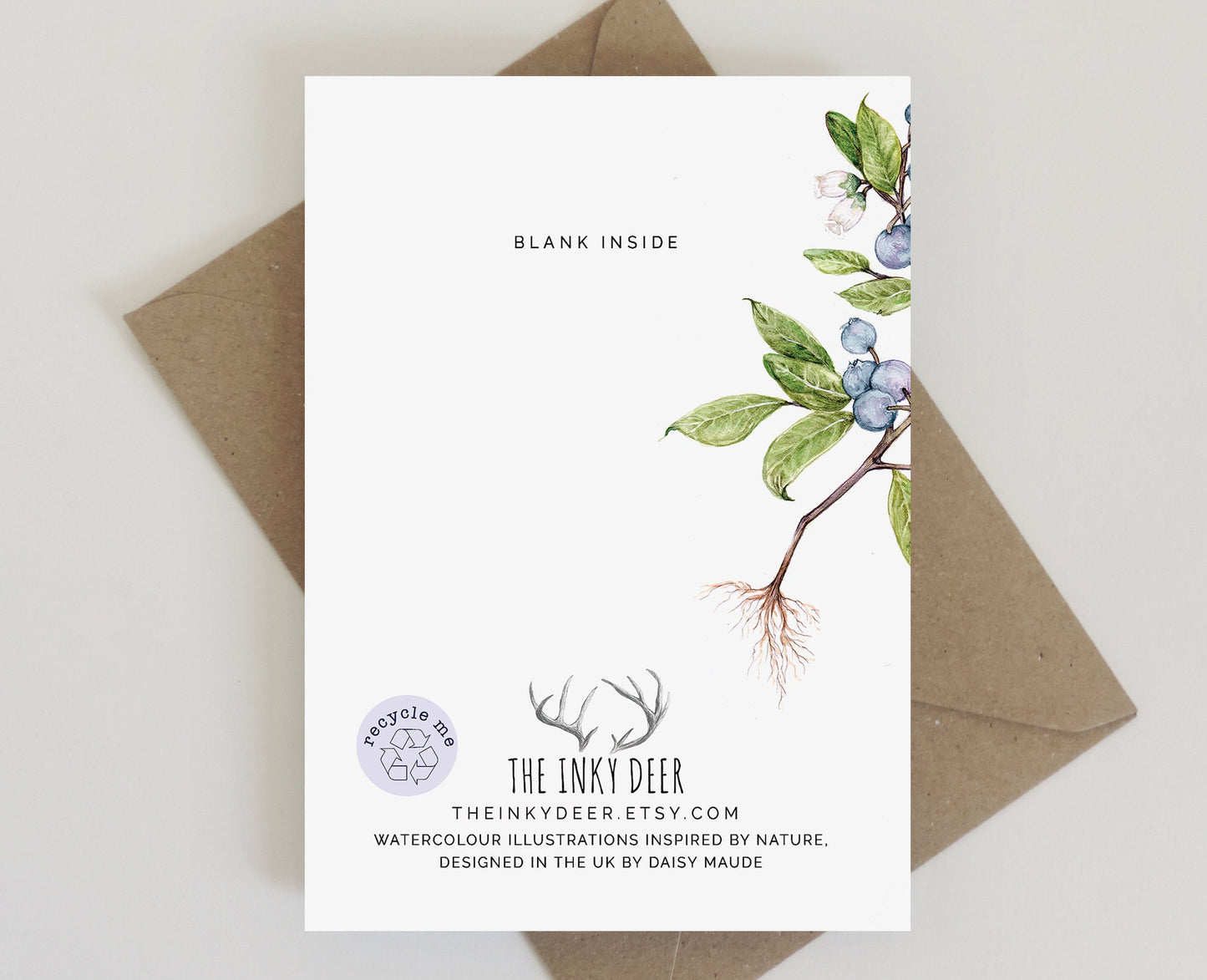 Blueberry Thank you Greetings Card, Watercolour Cute Thank You Illustrated Butterfly A6 5x7 Card