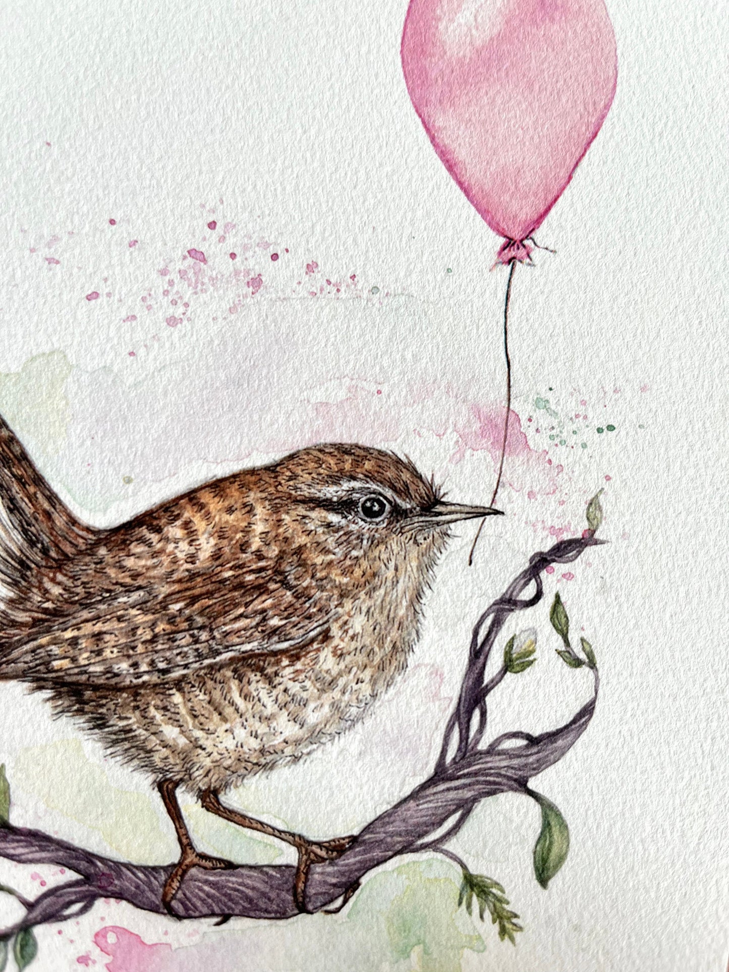 Watercolour Wren Print, Balloon Cute Watercolour Illustrated Bird, Kids Nursery Artwork, Giclee Fine Art Print A4 A5, Rue the Wren
