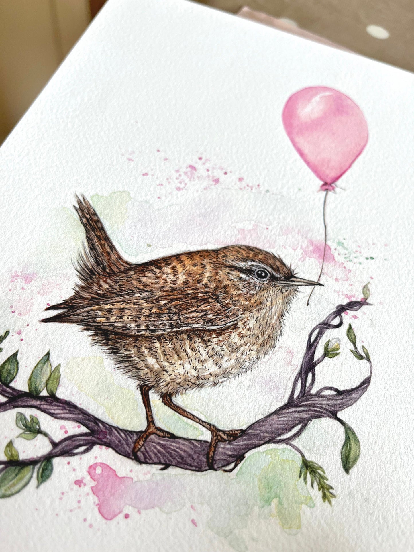 Watercolour Wren Print, Balloon Cute Watercolour Illustrated Bird, Kids Nursery Artwork, Giclee Fine Art Print A4 A5, Rue the Wren