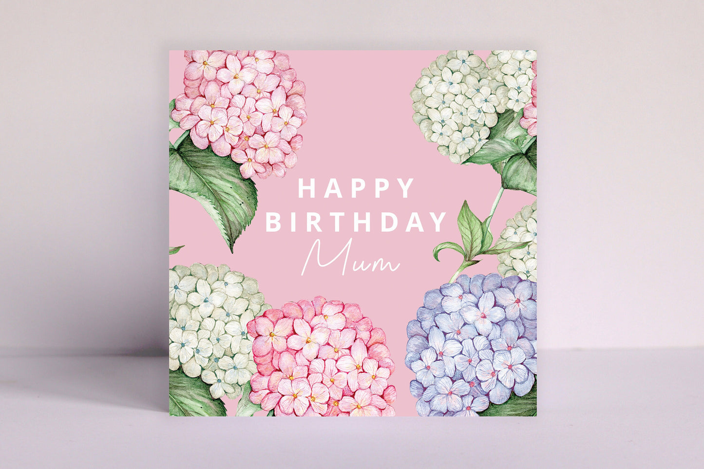 Pink Hydrangea Personalised Happy Birthday Card for Friend, Mum Grandma, Botanical Floral Watercolour Greetings Card