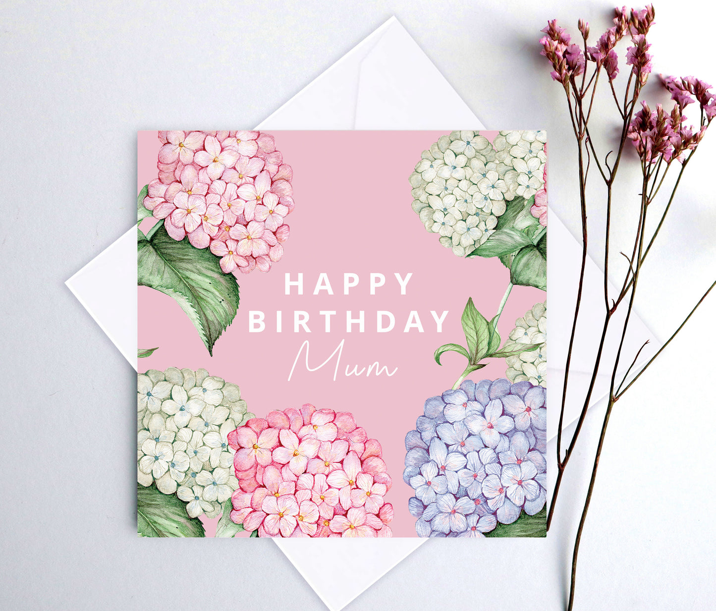 Pink Hydrangea Personalised Happy Birthday Card for Friend, Mum Grandma, Botanical Floral Watercolour Greetings Card