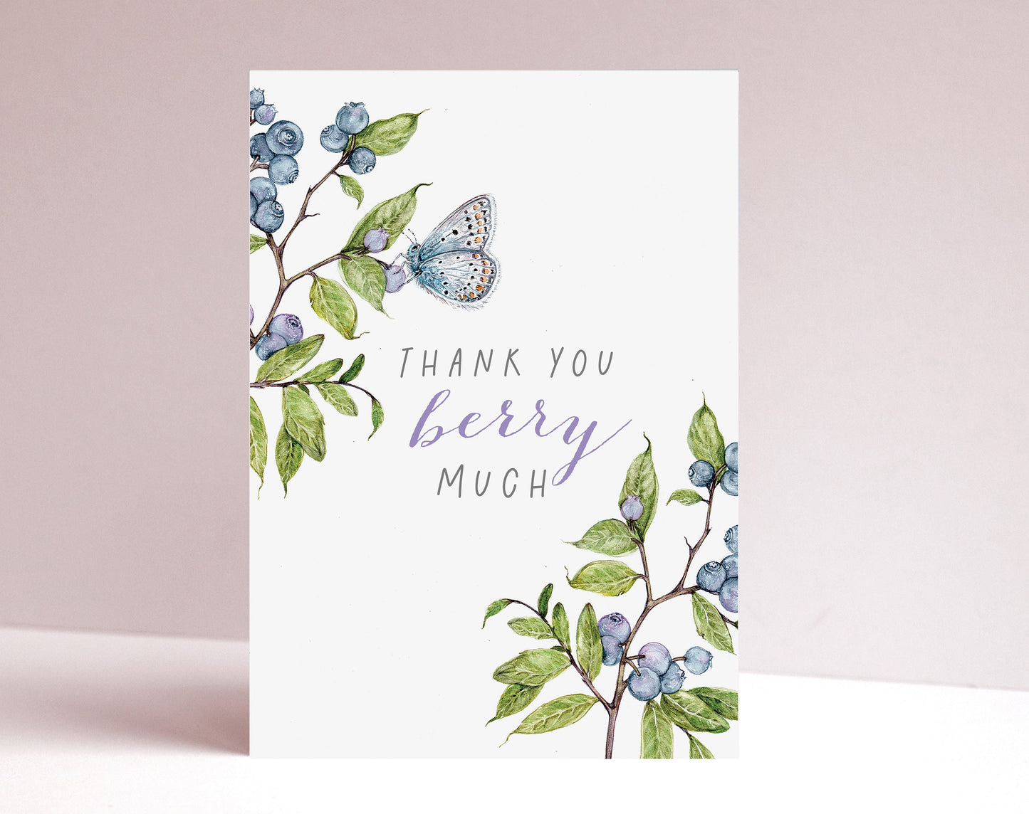 Blueberry Thank you Greetings Card, Watercolour Cute Thank You Illustrated Butterfly A6 5x7 Card