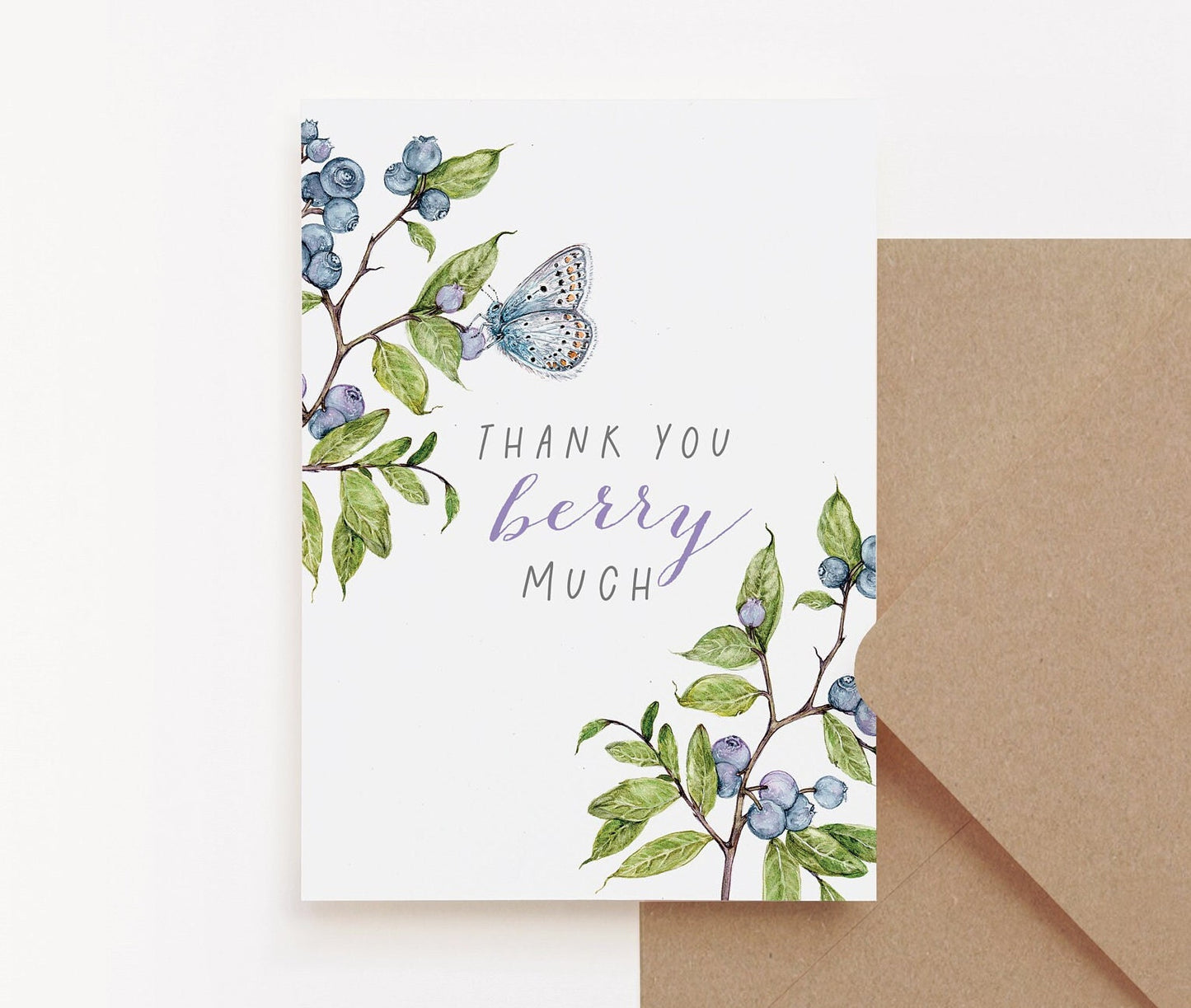 Blueberry Thank you Greetings Card, Watercolour Cute Thank You Illustrated Butterfly A6 5x7 Card