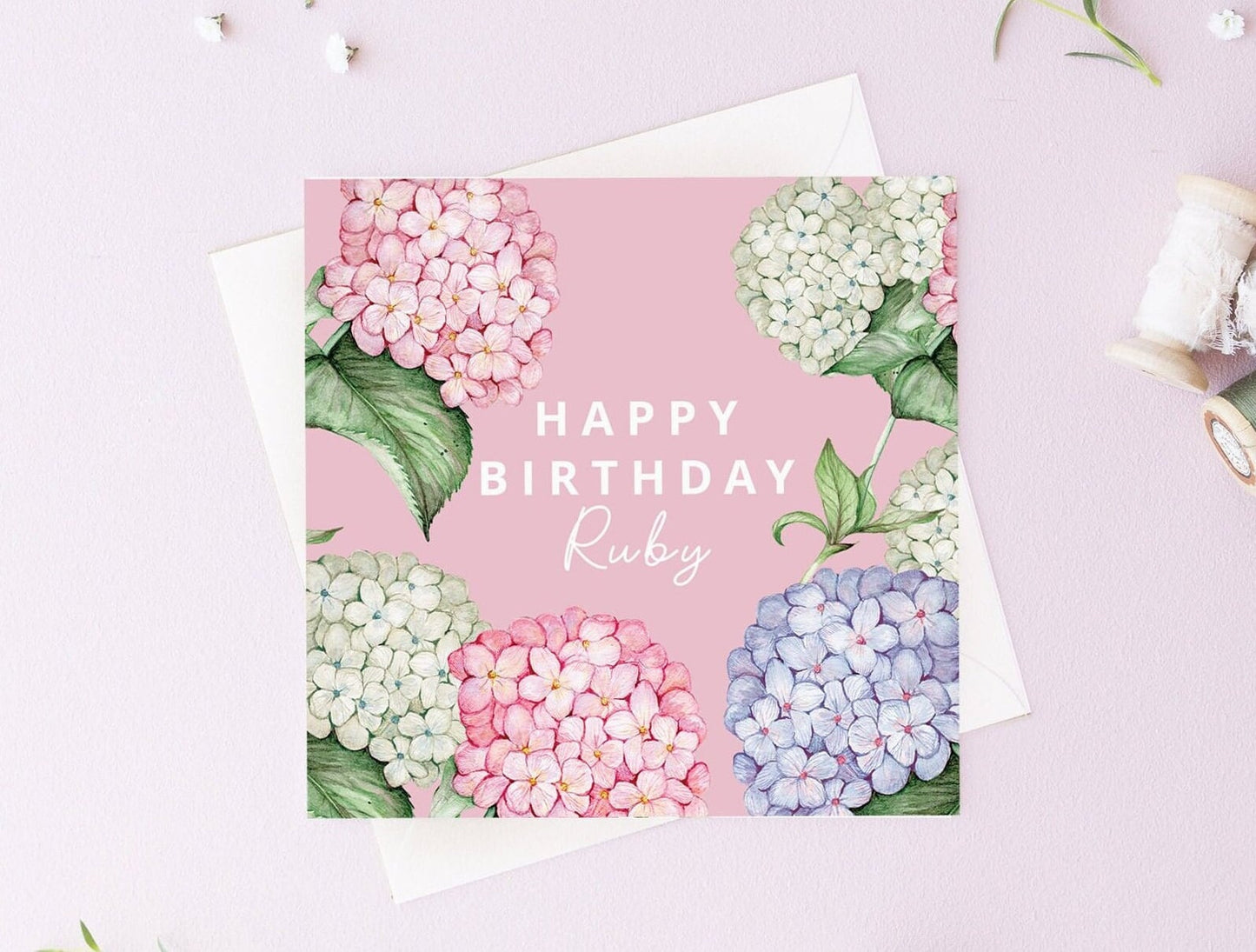 Pink Hydrangea Personalised Happy Birthday Card for Friend, Mum Grandma, Botanical Floral Watercolour Greetings Card