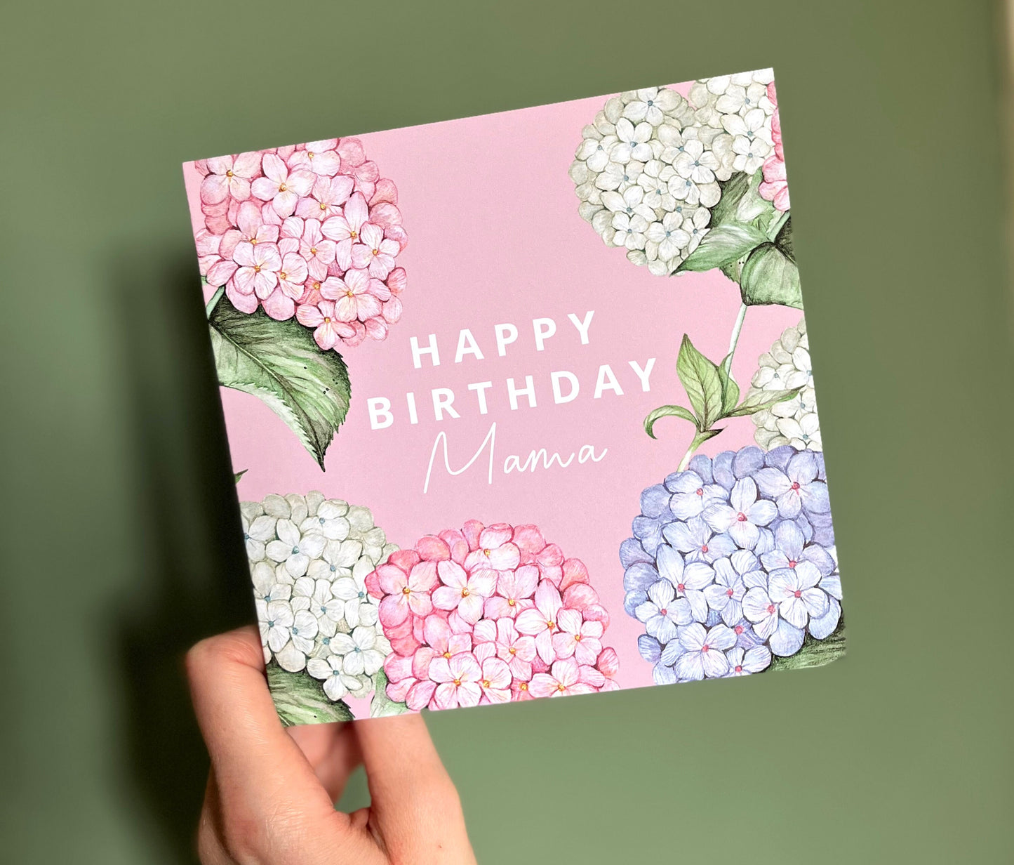 Pink Hydrangea Personalised Happy Birthday Card for Friend, Mum Grandma, Botanical Floral Watercolour Greetings Card