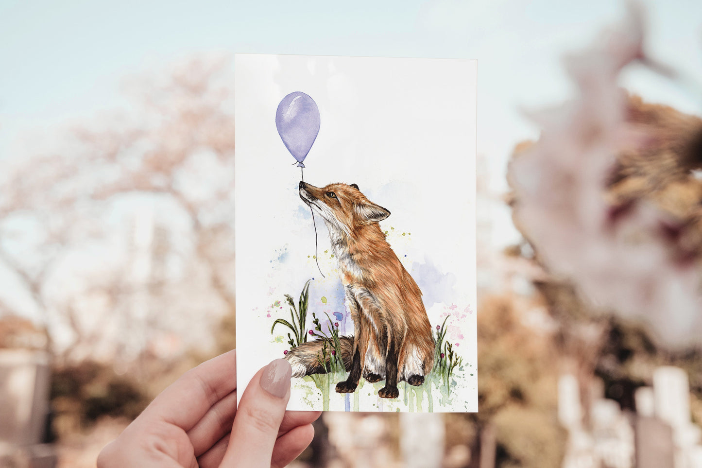 Fox With Balloon Greetings Card, Watercolour Illustrated Animal Birthday Card For Mum Sister Friend A6