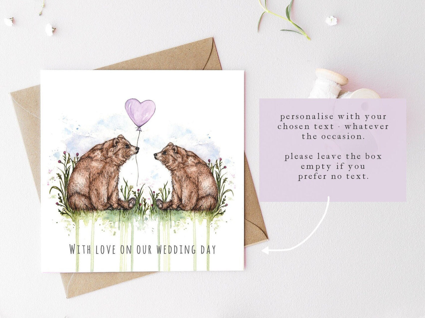 Bears Greetings Card, Couple Wedding Anniversary, Birthday Balloon Watercolour Illustrated Card