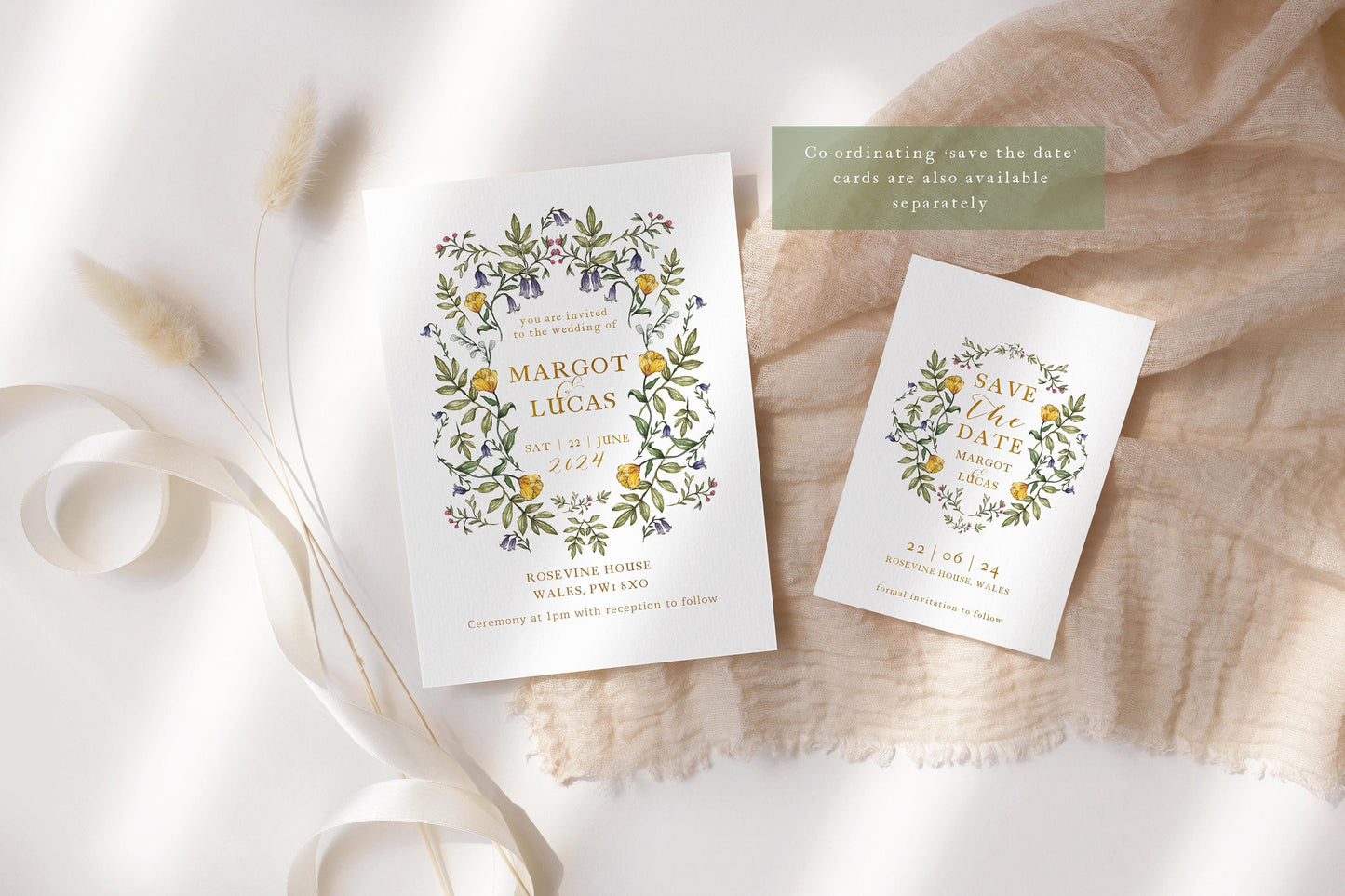 Delicate Botanical Wedding Invitation, Floral Wedding Invites A5 or 5x7" Invite