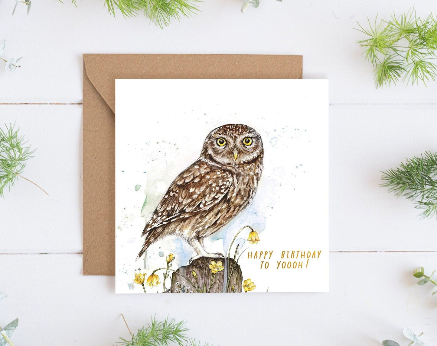 Little Owl 'Happy Birthday To Yoooh!' Watercolour Birthday Card, Owl Greeting Card, Floral Illustrated Bird Card