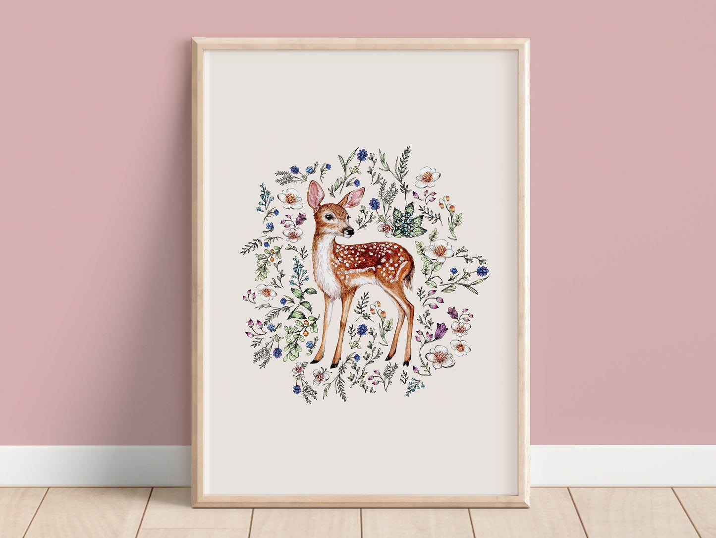 Watercolour Fawn Print, Wildflowers Botanical Deer, Floral Deer Nursery Artwork, Giclee Fine Art Print 8x10" 8x10" A4 10x10"
