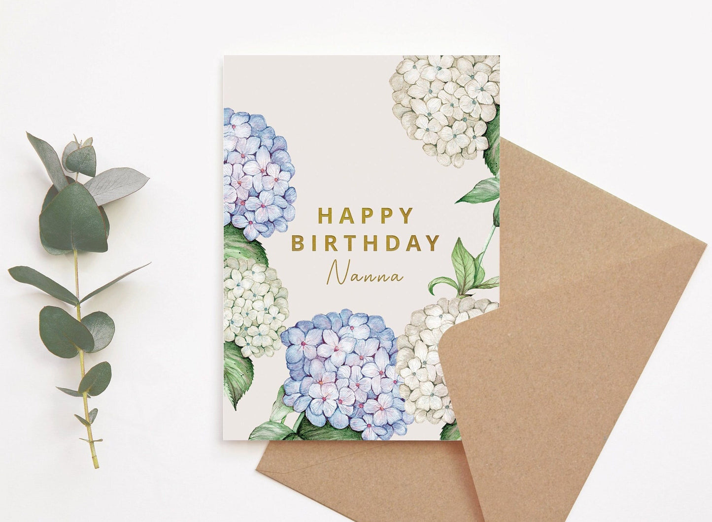 Blue Hydrangea Birthday Card - Personalised for Friend, Mum Nanna Grandma 5x7"