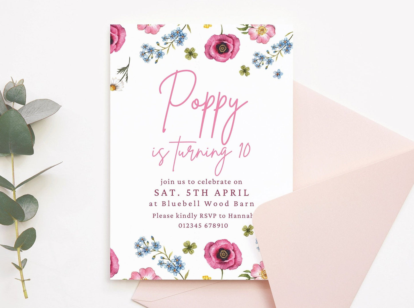 Wildflower Poppy Birthday Invitation, Children's Floral Kids Birthday Digital Download