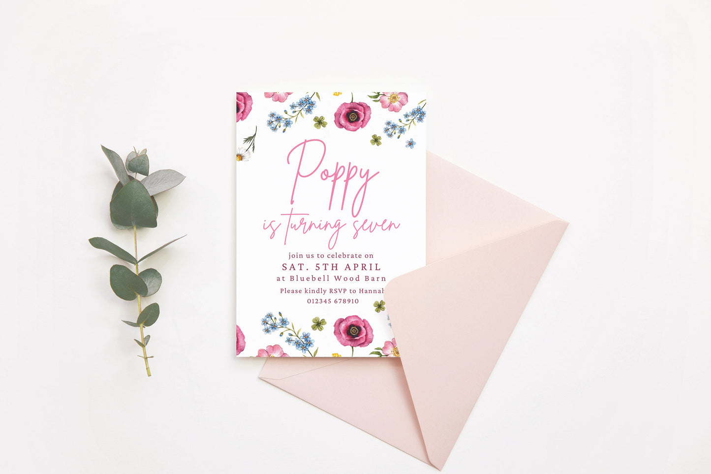 Wildflower Poppy Birthday Invitation, Children's Floral Kids Birthday Digital Download