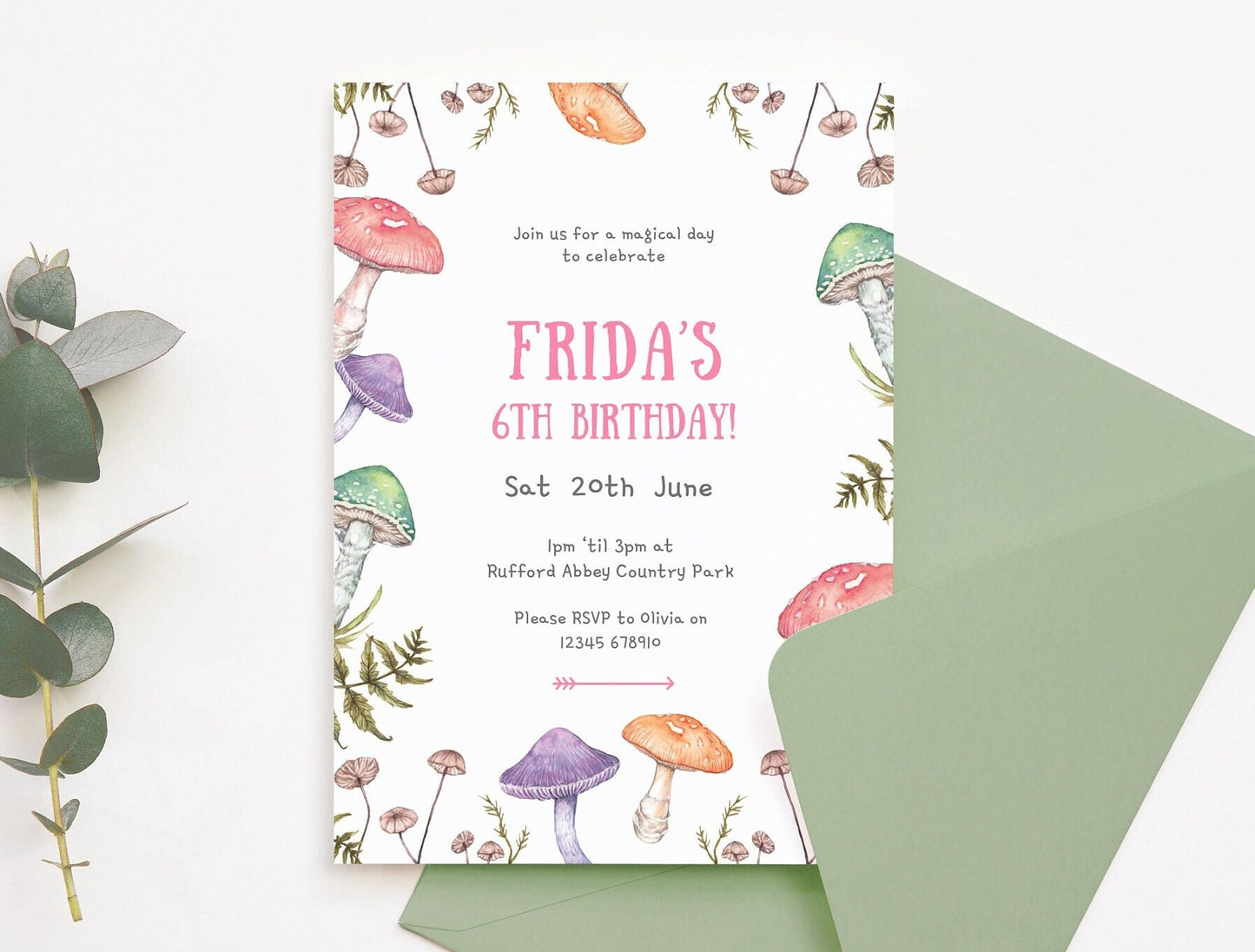 Woodland Mushroom Children's Birthday Invitation, Fungi Fun Kids Birthday Party Digital Download
