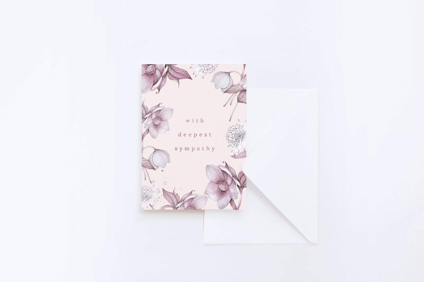 With Sympathy Floral Watercolour Illustrated Vintage Pink Botanical Condolences Greetings Card A6