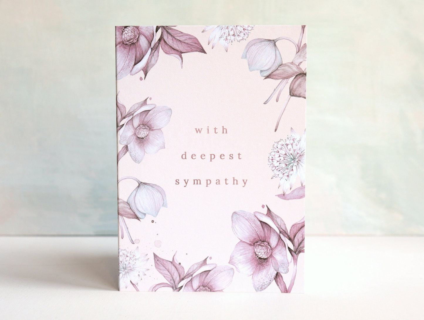 With Sympathy Floral Watercolour Illustrated Vintage Pink Botanical Condolences Greetings Card A6