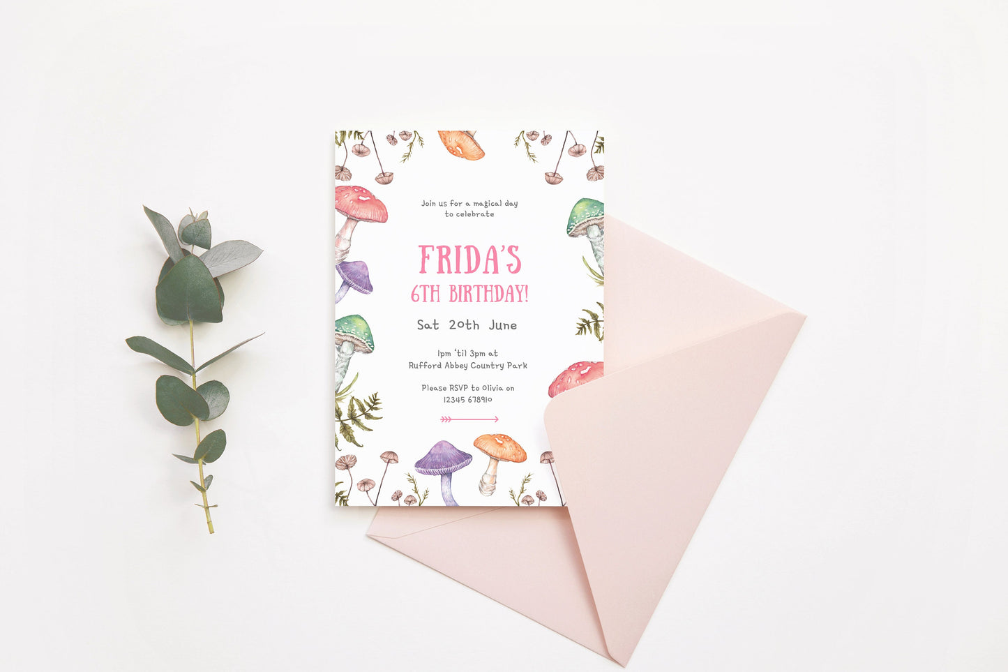 Woodland Mushroom Children's Birthday Invitation, Fungi Fun Kids Birthday Party Digital Template