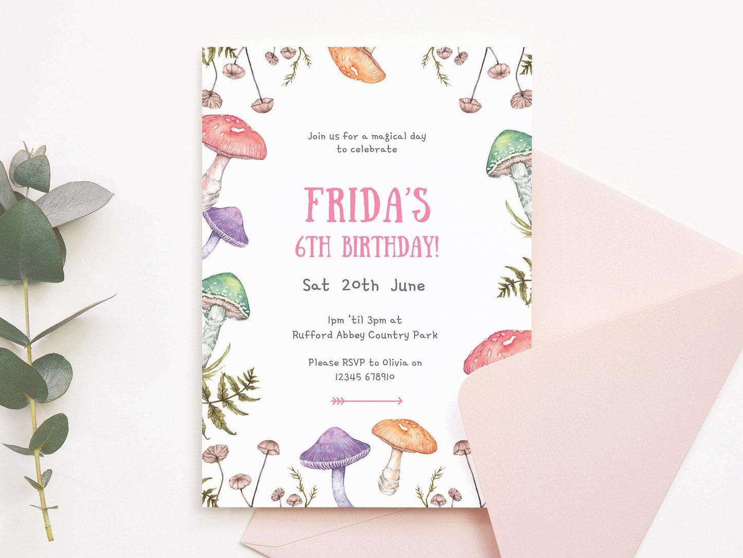 Woodland Mushroom Children's Birthday Invitation, Fungi Fun Kids Birthday Party Digital Template
