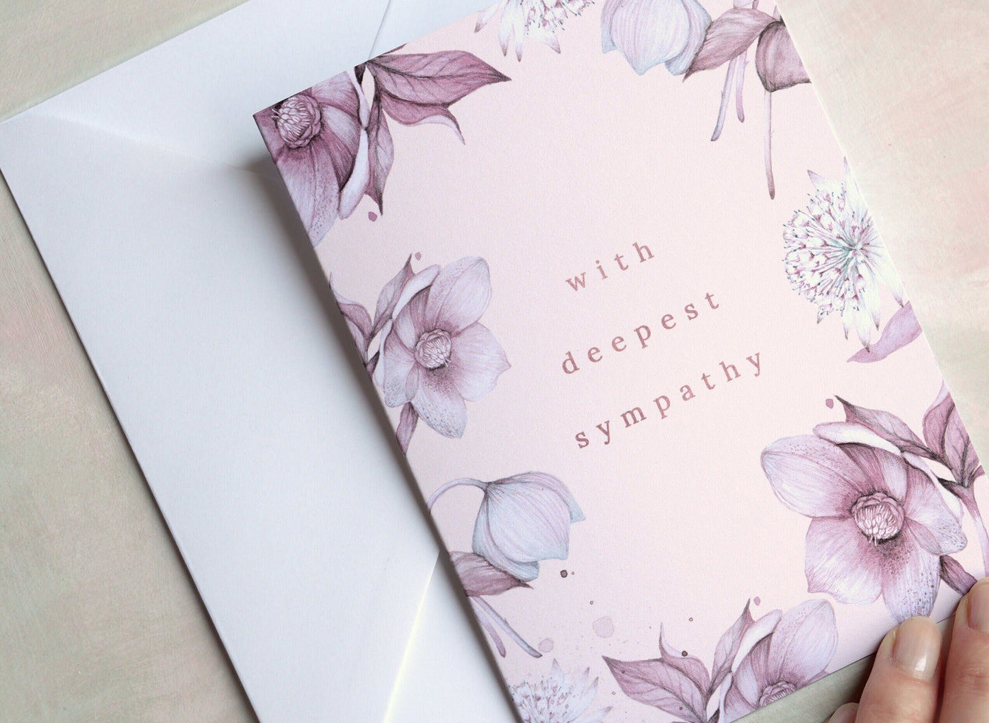 With Sympathy Floral Watercolour Illustrated Vintage Pink Botanical Condolences Greetings Card A6